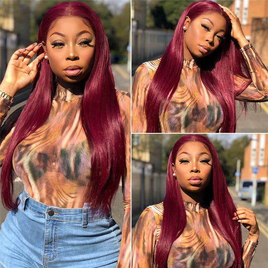 Burgundy Colored Lace Front Wigs Straight Pre Plucked Human Hair With Baby Hair.