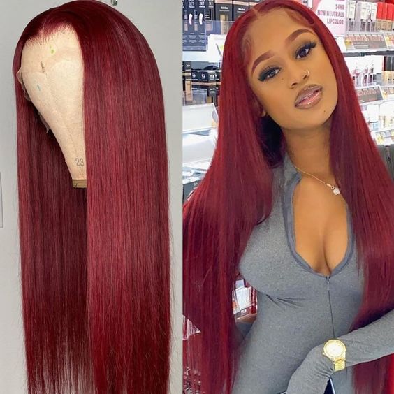 Burgundy Colored Lace Front Wigs Straight Pre Plucked Human Hair With Baby Hair.