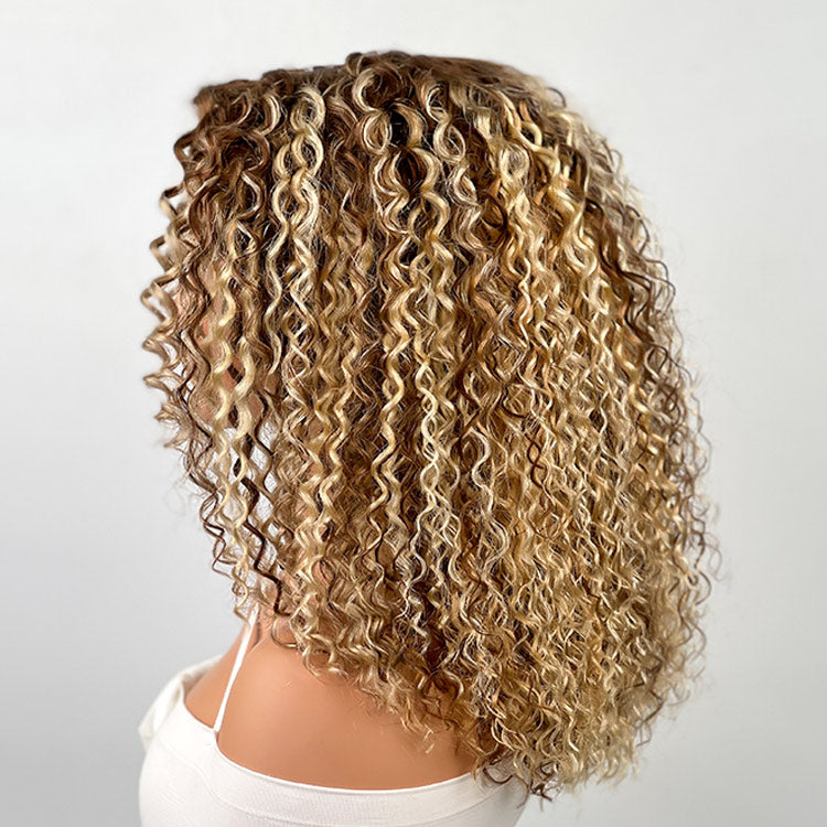 Curly Blonde Balayage Lace Front Wig With Highlight & Dark Roots