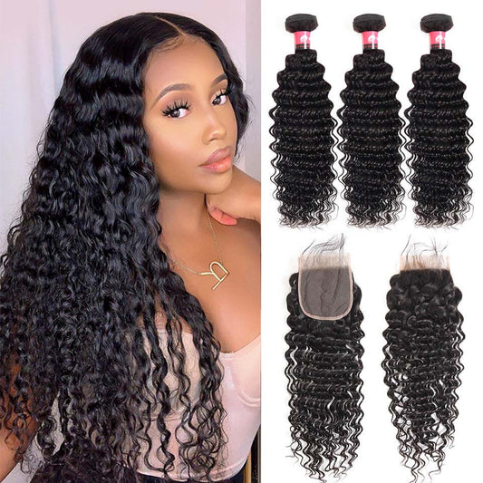 Deep Wave Lace Closure With 3 Bundles Human Hair