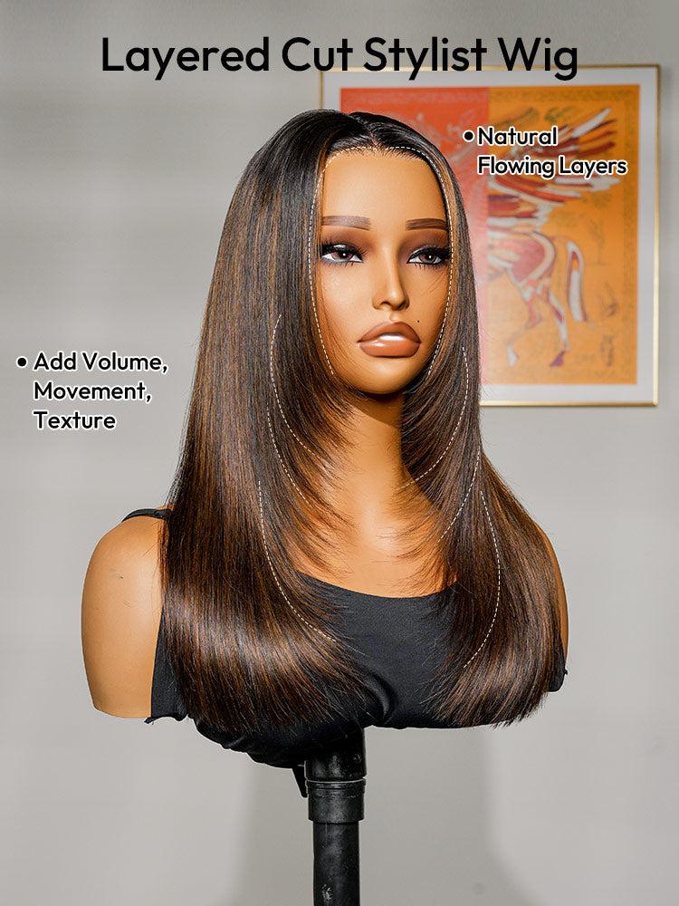 Layer Cut Highlight Lace Front Straight Human Hair Wig.