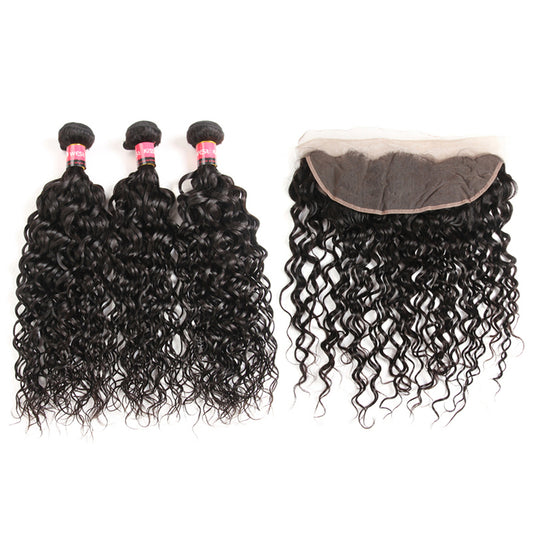 Peruvian Water Wave Human Hair 3 Bundles Lace Frontal Closure