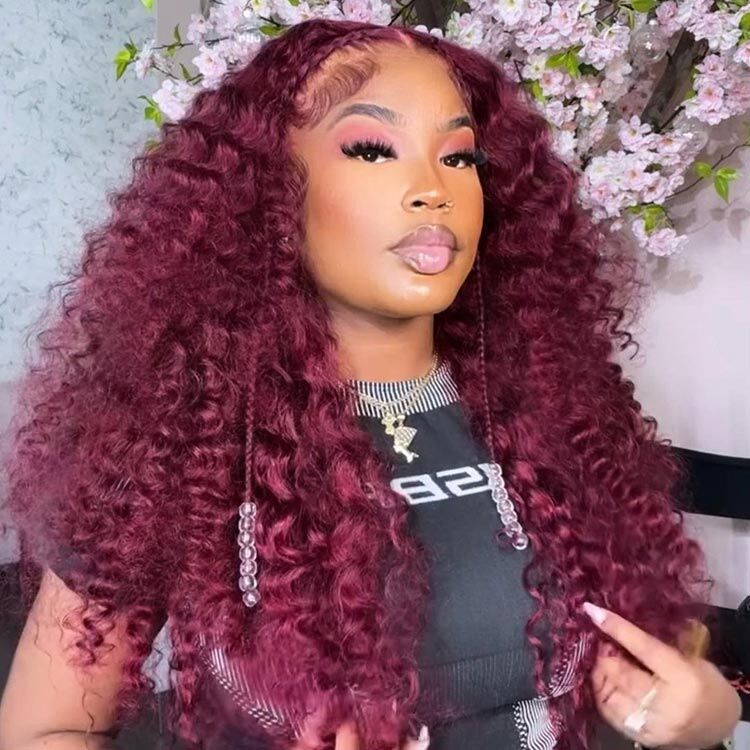 Burgundy Deep Wave Lace Front Wig With Baby Hair.