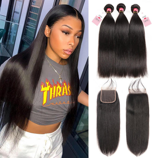 Brazilian Straight Hair 3 Bundles With Lace Closures